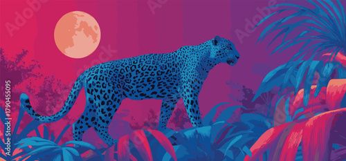 A blue jaguar walking through a jungle with a full moon in the background at night illustration