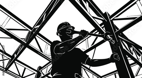 A dedicated construction worker in a hard hat diligently tightens a bolt on a complex metal truss structure, symbolizing industry, progress, and skilled labor.