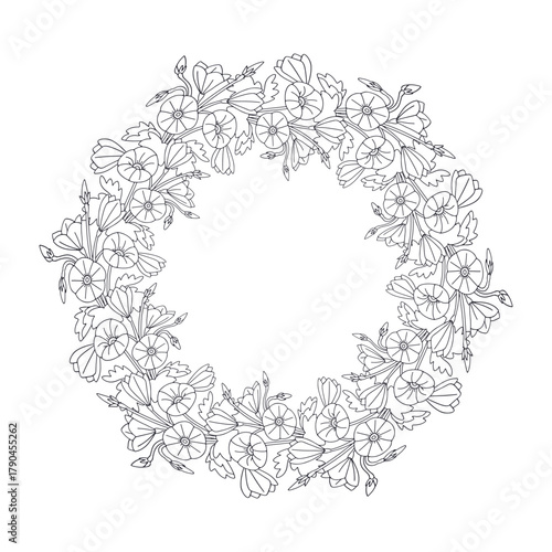 Hand drawn black and white line art canary islands flowers mallow bindweed wreath. Card template with cute monochrome floral frame