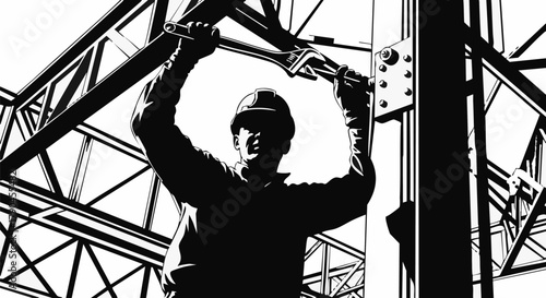 A silhouetted construction worker in a hard hat diligently tightens a bolt on a robust steel beam, symbolizing hard work and industrial progress.