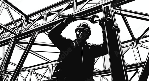 A dedicated construction worker in a hard hat meticulously tightens a structural bolt with a large wrench, symbolizing industry, labor, and engineering progress.