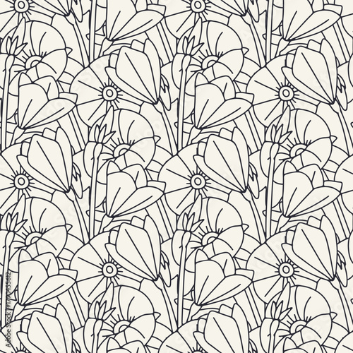 Seamless pattern with black and white canary islands flowers mallow bindweed