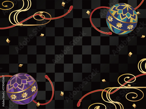 高級感のある鞠と市松模様の背景　ブラック＆ゴールド