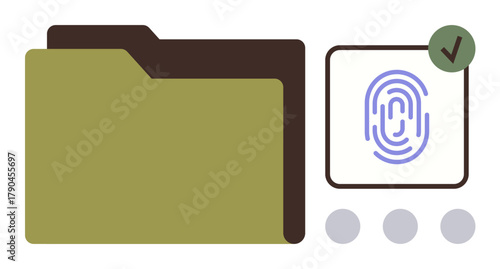 File folder icon paired with biometric fingerprint pad and verification checkmark. Ideal for data privacy, access control, secure authentication, digital identity, cybersecurity, document management