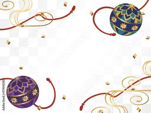 高級感のある鞠と市松模様の背景　ホワイト＆ゴールド