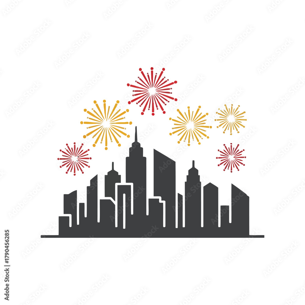 Fototapeta premium New year city skyline fireworks celebration vector illustration Vector, illustration