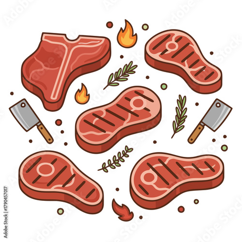 Cartoon Steak Set with Grilled Meat, Flames, Herbs, and Butcher Tools Illustration