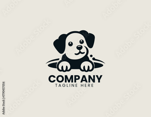 Cute puppy coming out of hole black vector logo illustration