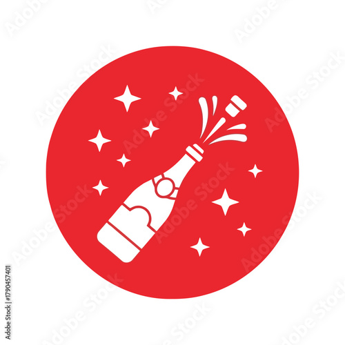 Champagne bottle popping with stars on a red circle, celebration and party graphic Vector, illustration