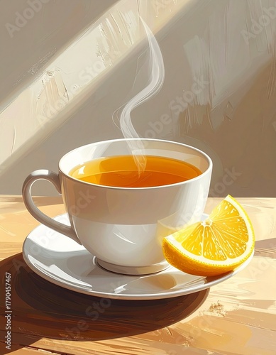 Cup of warm tea with a lemon slice next to it, isolated, art, painting, illustration 