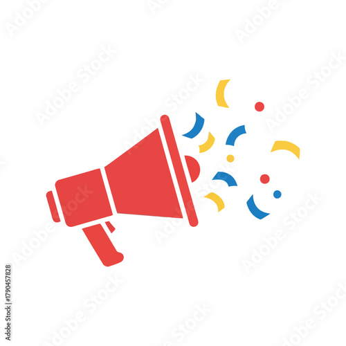 Red megaphone with flying confetti and dots Vector, illustration