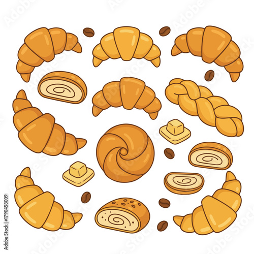 Cartoon Croissant and Pastry Assortment with Butter and Coffee Beans Illustration
