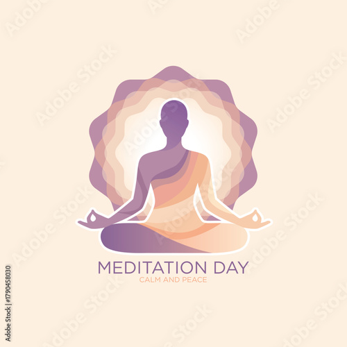 Mindful meditation person silhouette with mandala and calm waves
