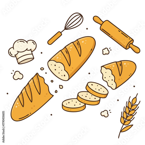 Cartoon Baguette Bread with Slices and Baking Tools Illustration