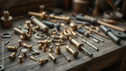 Wallpaper Mural brass. An assortment of small brass tools scattered on a weathered wooden workbench. safety posters, maintenance manuals, designed for industrial assembly lines and welding operations. Torontodigital.ca