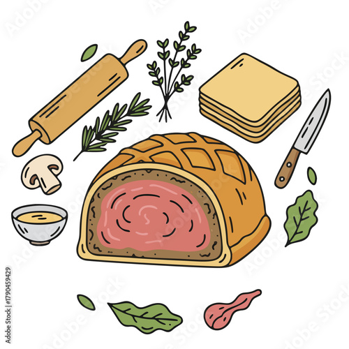 Cartoon Beef Wellington with Pastry, Herbs, and Cooking Ingredients Illustration