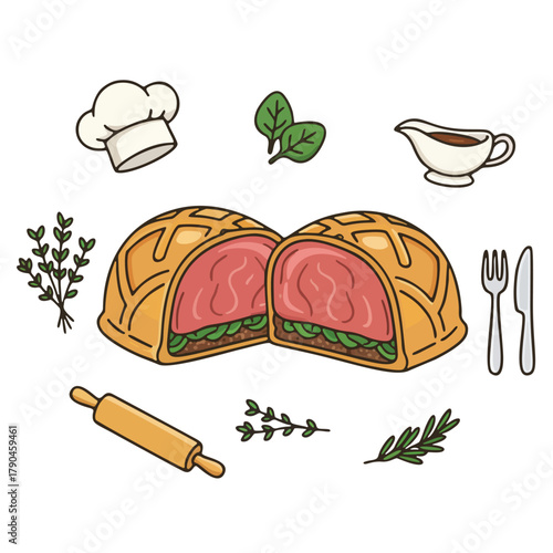 Cartoon Beef Wellington with Herbs, Gravy, and Kitchen Utensils Illustration