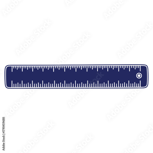 Illustration of a dark blue ruler on a white background for measuring length and distance in various educational projects and creative designs