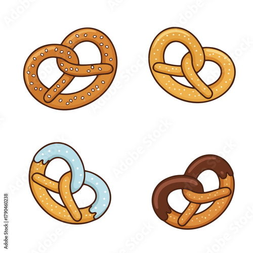 Cartoon Pretzel Set with Salted and Chocolate Dipped Variations Illustration