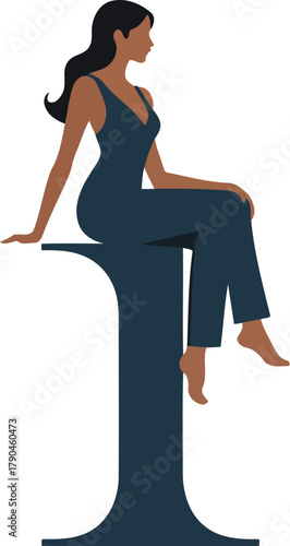 Elegant woman in suit sitting on letter i, flat vector illustration image art