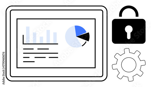 Tablet displaying bar graph, pie chart, and text. Adjacent lock signifies security, gear indicates settings. Ideal for cybersecurity, data analysis, technology, privacy workflow regulations simple