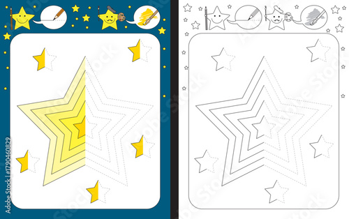 Preschool worksheet for practicing fine motor skills - tracing dashed lines - finish the illustration of the stars