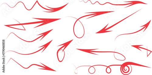 Dynamic Red Arrow Set: Hand Drawn Style, Scribble Lines, and Directional Pointers for Emphasis and Design