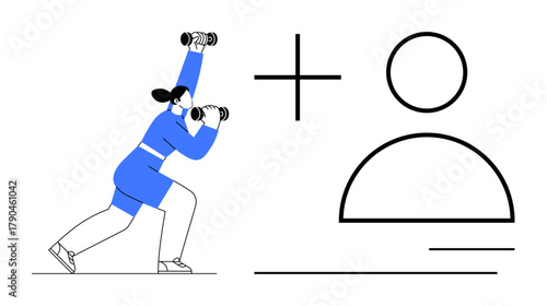 Woman lifting dumbbells in activewear, paired with a simplistic user profile icon. Ideal for fitness, health apps, personal training, active lifestyle, self-care, goal-setting digital platforms. A