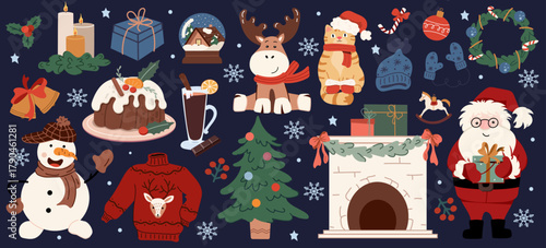 Collection of Christmas and New Year decoration elements. Vector image of snowman, Santa, reindeer, cat, tree, fireplace, pudding, gifts and snowflakes on dark blue background.
