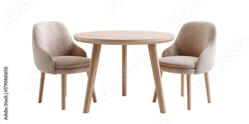 Minimalist round wooden dining table with two beige upholstered chairs in a modern interior Concept of furniture, home decor, and Scandinavian design