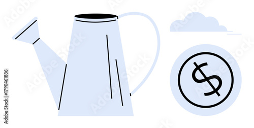 Watering can nurturing investment symbolized by dollar-marked coin, alongside simple cloud accent. Ideal for finance, business growth, savings, investment, opportunity, wealth nurture, simple flat