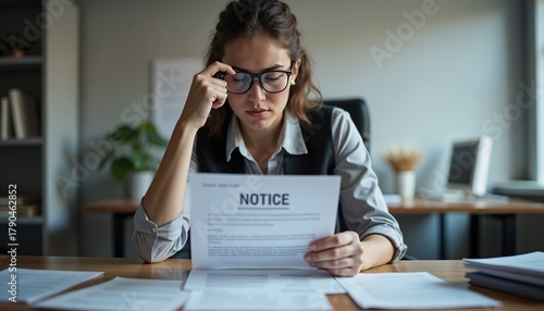 Shocked worker looking at layoff notice with concern at desk in office space