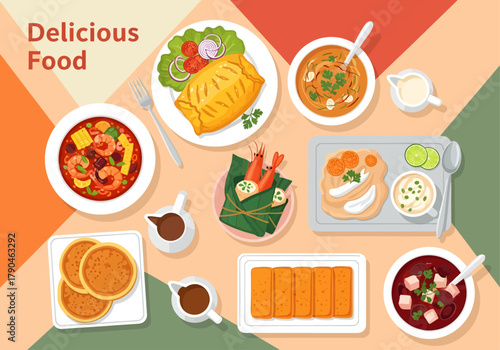 An appetizing array of illustrated dishes, from savory seafood stews and pastries to golden pancakes, is presented in a colorful top-down flat lay composition