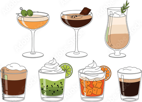 Diverse Collection of Coffee, Cocktails, and Dessert Drinks with Garnishes, Perfect for Menu Design and Cafe Promotions.