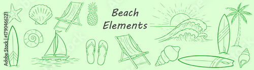 Illustrated Beach Vacation Memories Summer Elements Palms Surfboards Ocean Seashells Chairs and Sunshine Coastline