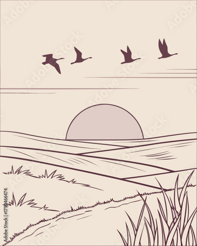 Minimilist illustration of geese flying over a field at sunset with tall grass in the foreground scenery view scene vector