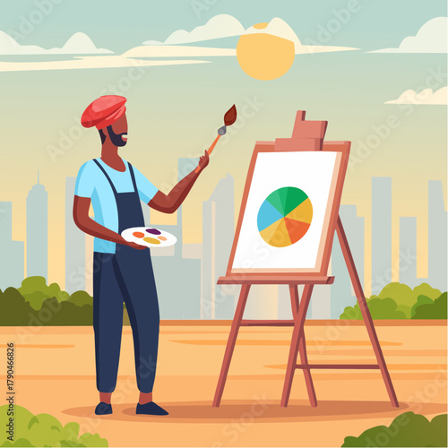 painting in the middle of tall buildings