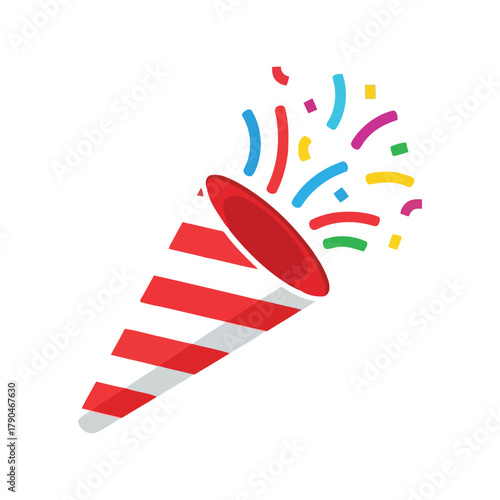 Red and white striped party popper exploding colorful confetti and streamers on white background Vector, illustration