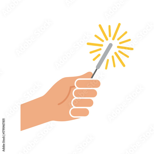 Hand holding a sparkler with bright light bursts, celebrating new year or holidays Vector, illustration