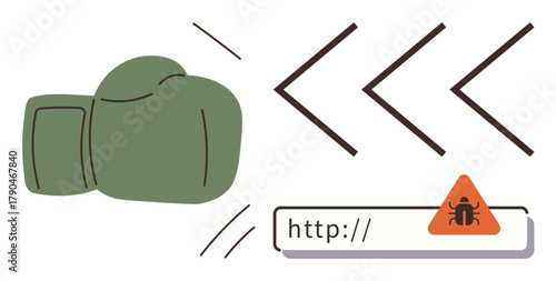 Green boxing glove punching back malicious links with a malware warning icon. Ideal for cybersecurity, online protection, hacking awareness, tech concepts, data safety, network security, simple flat