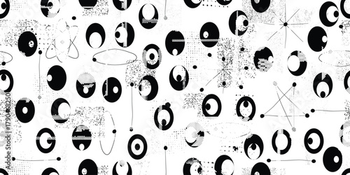Vintage modern atomic seamless pattern with speckled and grainy texture, inspired by1950s and 1960s atomic age design, featuring abstract geometric shapes and orbit motifs in black, vector design.