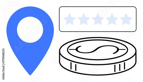 Blue location pin, five-star rating bar, and outlined coin highlight concepts of reviews, rewards, and customer satisfaction. Ideal for business, e-commerce, finance, reputation navigation