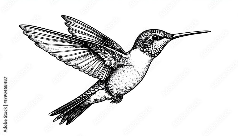 Fototapeta premium Hummingbird in Flight: A detailed monochrome illustration captures a hummingbird in mid-flight, showcasing its delicate wings and slender beak, symbolizing grace and freedom.