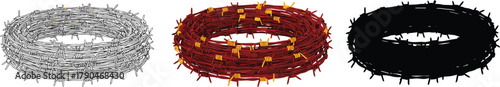 Barbed Wire Roll Icon Set - Outline, Color, and Silhouette Vector