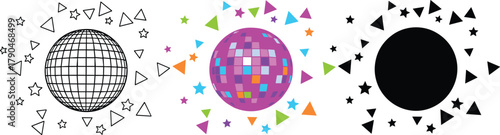 Disco Ball Icon Set with Confetti - Outline, Color, and Silhouette Vector