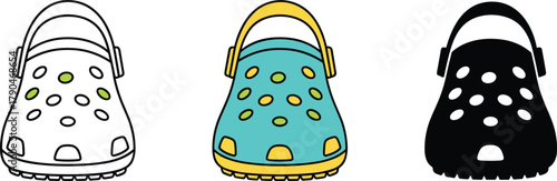 Casual Clogs Sandal Icon Set - Outline, Color, and Silhouette Vector