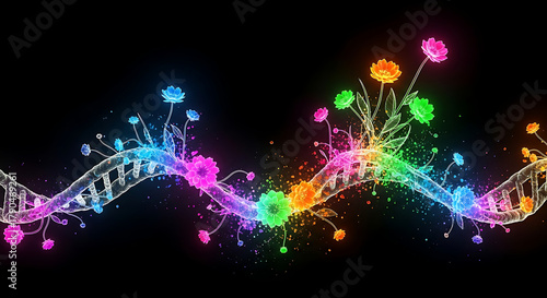 Colorful dna strand intertwined with vibrant flowers against a black background art piece