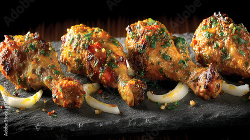 Fototapeta Naklejka Na Ścianę i Meble -  Delicious Roasted Chicken Drumsticks with Herbs and Lemon Wedges.