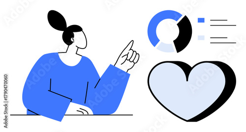 Woman pointing at data pie chart and heart shape, representing analytics, decision-making, health, emotional intelligence, creativity, teamwork, and human connection. Perfect for a simple flat