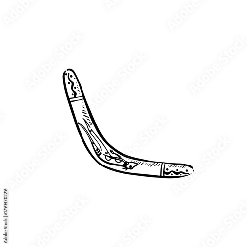 A boomerang illustration drawn by hand in black and white.